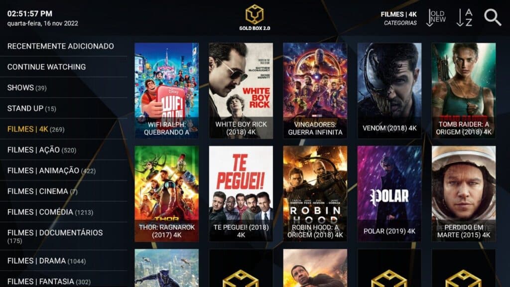 Interface de filmes e séries do GOLD Card TV
